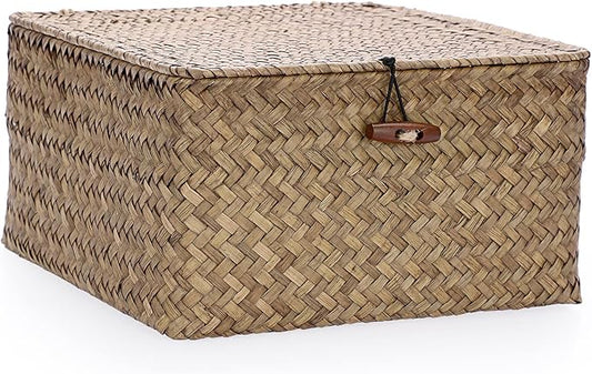 Hipiwe Wicker Shelf Baskets Bin with Lid Handwoven Seagrass Storage Basket Container Square Multipurpose Household Basket Boxes for Shelves and Home Organizer, Coffee Medium