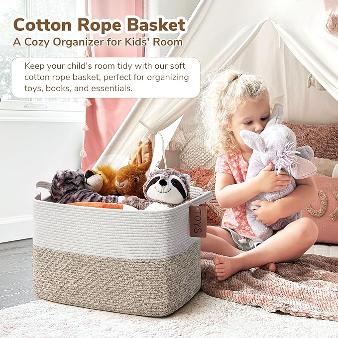 Goodpick Large Woven Storage Basket, Rectangle, Light Brown | 50L, 18 × 14 × 12 in, Cotton Rope, Reinforced Handles, Blankets, Toys Storage, Living Room & Nursery Organization