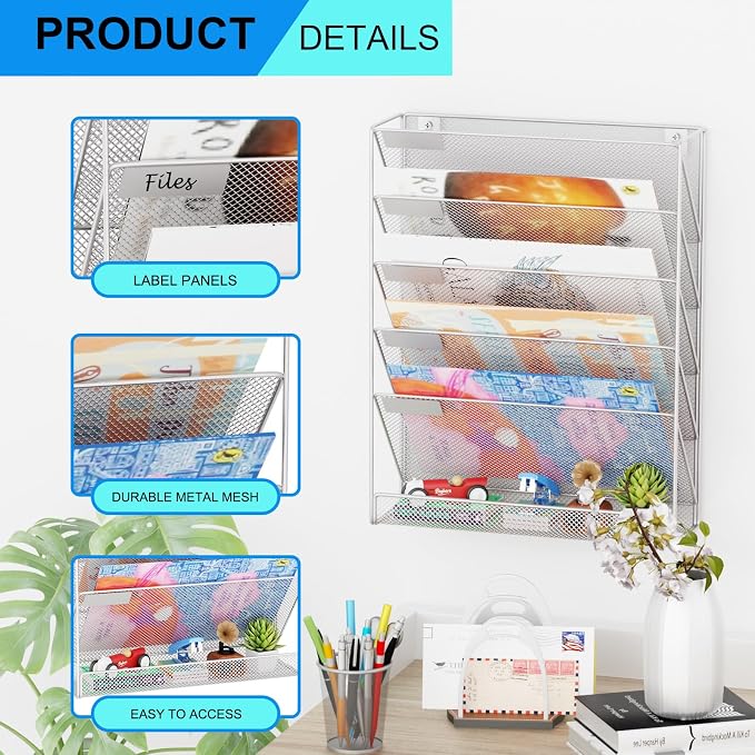 Wall File Organizer Holder Mesh Hanging Paper Document Holder, Vertical 6 Pocket Tier for Office Home, Silver