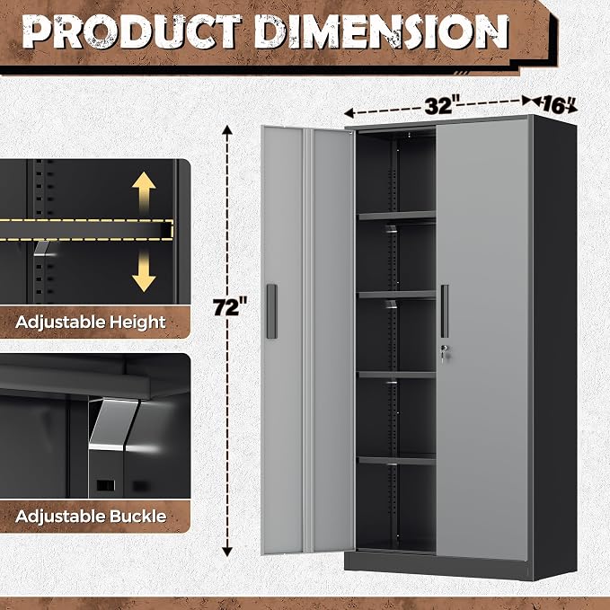 INTERGREAT Metal Lockable Storage Cabinet, 72” Storage Cabinet with 2 Doors and 4 Adjustable Shelves for Office, Home, Garage, Pantry (Assembly Required, Black Gray)