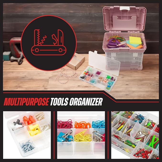 Stalwart Portable Tool Box for Women or Men, Pink | Small Parts Organizer with Drawers and Customizable Compartments for Hardware, Fishing Tackle Box, Beads or Crafting Supplies