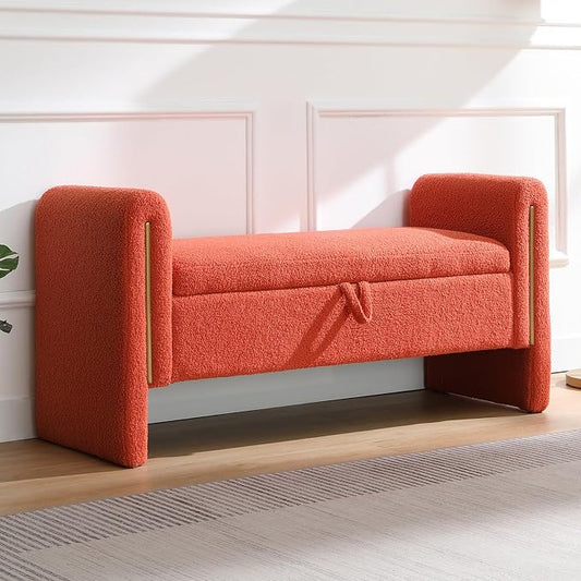 NIOIIKIT 52" Storage Ottoman Bench, Teddy Upholstered Storage Bench with Armrest, Entryway Bench with Pull-Ring, End of Bed Bench, Window Bench for Living Room (Orange)