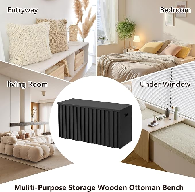 Black Storage Bench Set of 2, 39.4" Fluted Wood Storage Trunk with 2 Safety Hinges, Sturdy Storage Chest, Storage Bench for Bedroom,Entryway, Living Room