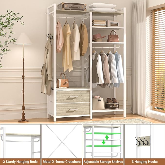 78.7'' Clothes Rack for Hanging Clothes - Reversible Clothing Rack with 4 Drawers, Heavy Duty Garment Racks with Shelves, 6 Tiers Freestanding Portable Closet Wardrobe System, Set of 2 White Oak