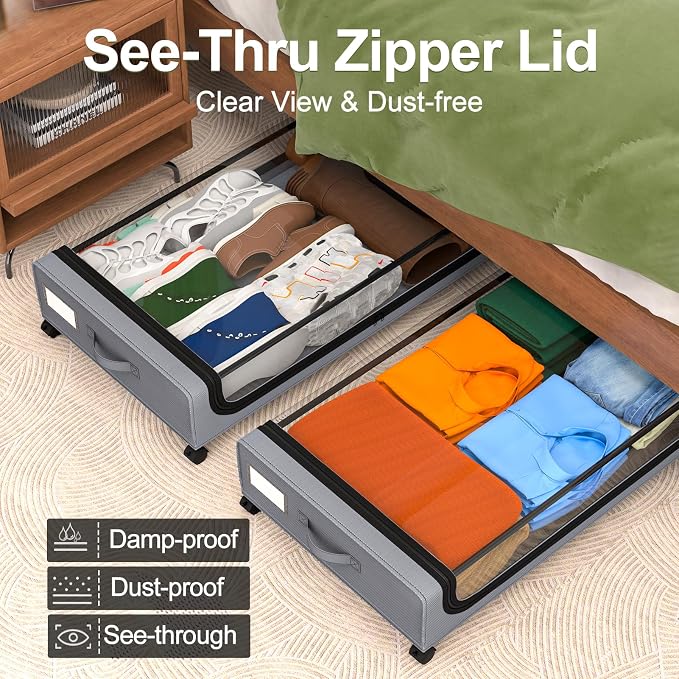 GoMaihe Under Bed Storage with Wheels 48L Grey 4-Pack | Underbed Storage Containers with Lids Rolling Bins for Shoes Clothes in Dorm Bedroom - Metal Drawers Easy Pull-out