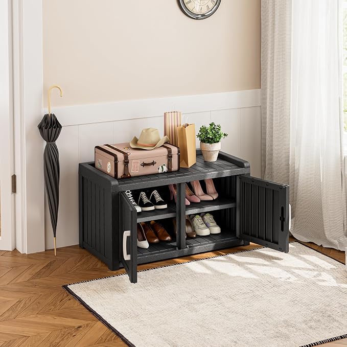 Outdoor Shoe Storage Cabinet, Waterproof UV-Resistant Entryway Storage Bench Indoor Outdoor with 2 Barn Doors, Adjustable Shelves for Entryway, Bedroom, Hallway,Living Room(Jet Black)