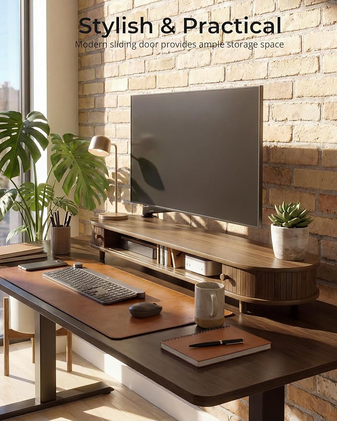 42 Inch Curved Dual Monitor Stand Riser with Storage Desk Shelf | Double Computer Stand with Sliding Doors for 55-72 Inch Cozy Workplace Computer Setup Desk Organizer Toasted Bamboo Color