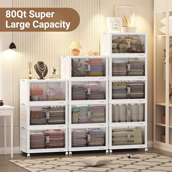 BROVIEW 240 Qt Stackable Storage Bins with Lid, Plastic Closet Organizers and Storage Drawer, Collapsible Storage Box with Wheels, Folding Storage Cabinet for Closet Clothes Organization, 3Pack White