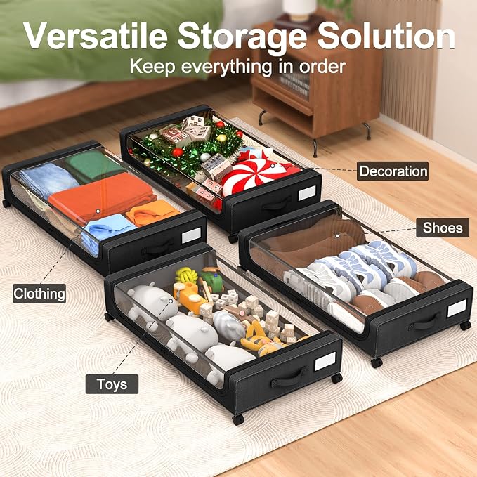 GoMaihe Under Bed Storage with Wheels 48L Black 2-Pack | Rolling Rangement Vetement sous le Lit - Containers for Clothes Shoes in Bedroom - Easy Pull-out