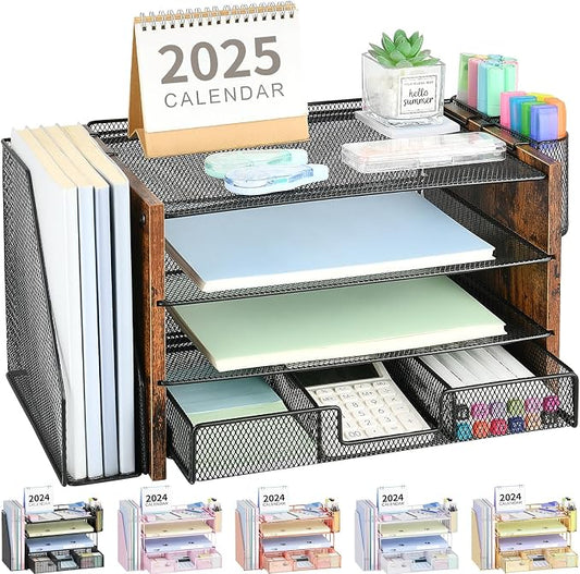 OPNICE Desk Organizer, 4-Tier Desktop File Organizer with Drawer and Pen Holders, Office Desk Accessories, File Sorters, Workspace Organizers for Office Supplies(Brown Wood)