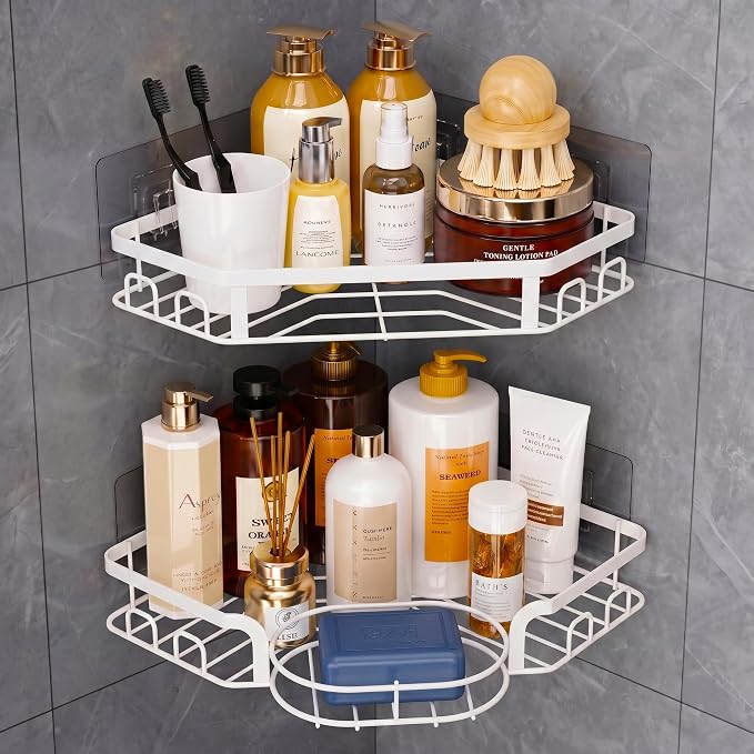 Corner Shower Caddy, Rustproof Shower Organizer with Soap Holder and 8 Hooks, No Drilling Adhesive Shower Shelves for Inside Shower, Large Capacity Shower Rack for Bathroom Shower Storage, White