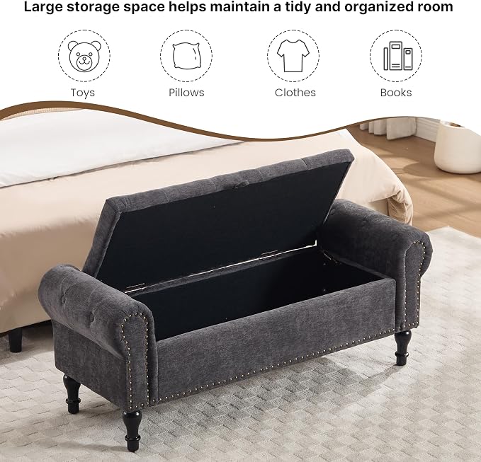 51" Storage Bench for Bedroom, Chenille End of Bed Bench, Queen Size Bench with Rolled Arms, Tufted Storage Ottoman Benches, Upholstered Bench for Bedroom, Living Room, Entryway, Dark Grey