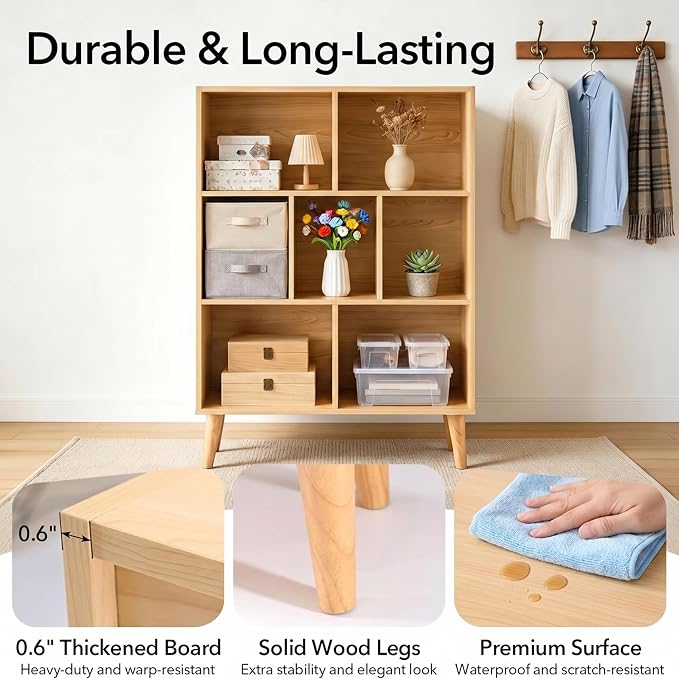 HealSmart 7 Cube Storage Organizer, 3 Tier Bookshelf with Legs, Free Standing Cube Bookcase for Living Room, Bedroom, Office, Wood