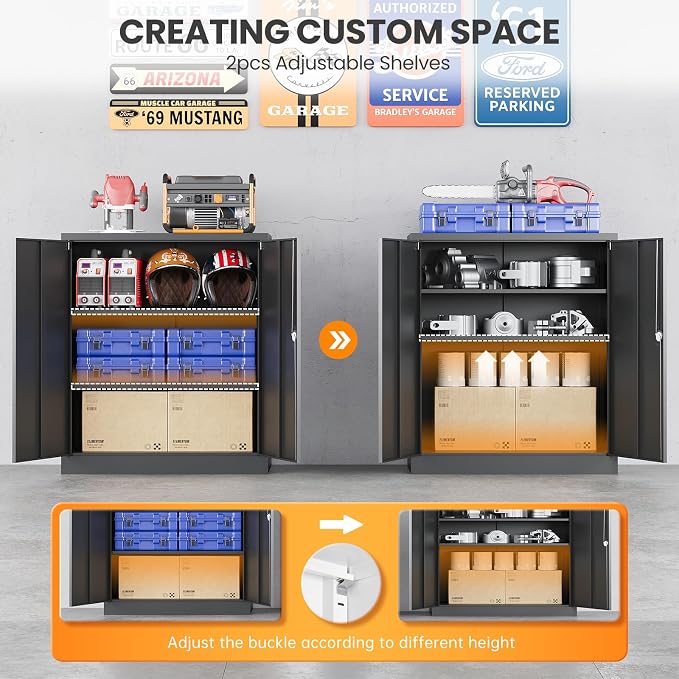 Metal Storage Cabinet, 35.4'' Tall Small Storage Cabinet with Doors and Shelves, Locking Cabinet for Home Office, Garage, Utility Room, Warehouse, Black