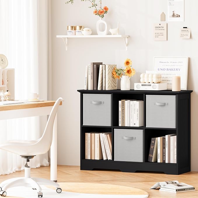 6 Cube Storage Organizer Shelf, Wood Cubby Storage with 3 Fabric Drawers | 2 Tier Wooden Bookshelf with 2 Adjustable Shelves, Fluted Side Panels Bookcase for Bedroom, Living Room, Home Office, Black