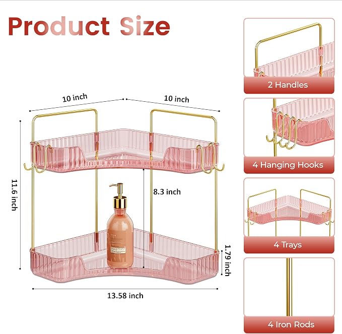 Delicate Pink 2-Tier Corner Counter Organizer Bathroom Organizers | Kitchen & Vanity Storage for PET Makeup Storage Countertop with Hooks, Skincare & Jewelry