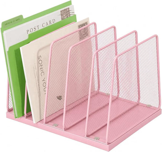 5-Section Vertical File Organizer for Desk, Sturdy Wood Base & Metal Mesh Desktop File Holder, Upright Paper Folder Sorter for Office Supplies（Pink）