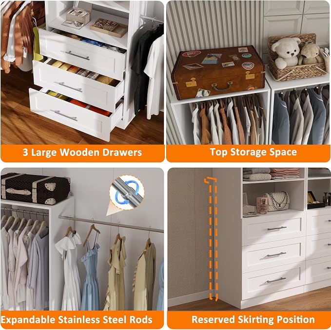 Closet System with 3 Drawers, 5-9FT Modular Organizer | Walk-in Closet Organizer System with 5 Expandable Hanging Rods, 1 Shelves, Wall Mounted Built-in Customized Storage System