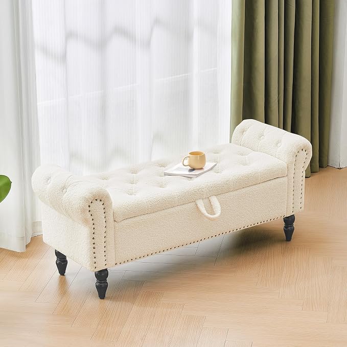 Furnimart Storage Ottoman Bench for Queen Size Bed, Faux Fur Upholstered Storage Bench Accent Bench with Rolled Arms for Bedroom,Living Room, Entryway, 2.5Cubic Feet