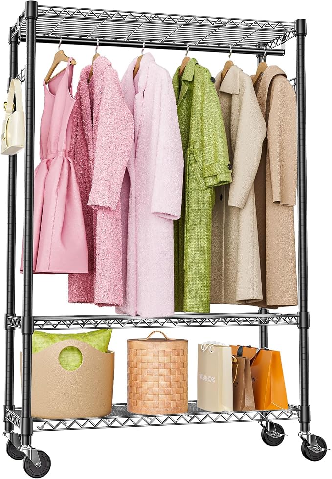 M MZG Heavy Duty Rolling Garment Rack 3 Tiers Adjustable Wire Shelving Clothes Rack with 1 Rods and Side Hooks,Storage Closet Clothing Rack with Wheels Black 15.7" D x 45.3" W x 75.6" H