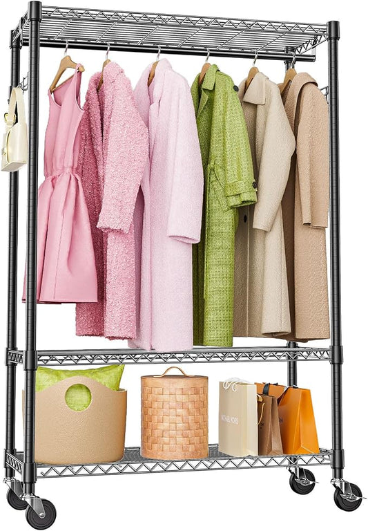 M MZG Heavy Duty Rolling Garment Rack 3 Tiers Adjustable Wire Shelving Clothes Rack with 1 Rods and Side Hooks,Storage Closet Clothing Rack with Wheels Black 15.7" D x 45.3" W x 75.6" H