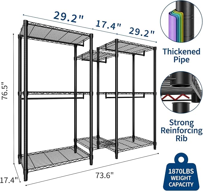 Heavy Duty Garment Rack Stable Clothes Rack for Hanging Clothes Wardrobe Closet with Adjustable Shelves & 5 Hanging Rods 76.5" H x 73.6" L x 17.4" W