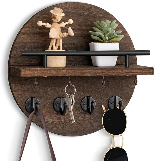 dreampossible Key Holder Wall Mount - 10.2 Inch Decorative Key Rack and Mail Organizer with 8 Key Hooks - Wooden Key Hanger with Shelf for Wall and Home Decor