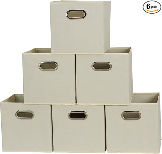 Fabric Storage Bins 6 Piece Set, Strong Poly-Woven Fabric, Sturdy Chipboard Sides, Grommet Front Handle, Stackable and Foldable, Classic Design, Cream