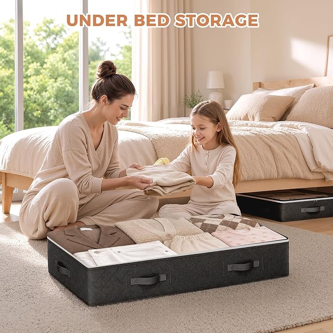 Budding Joy Under Bed Storage Containers with Clear Lids, 4 Pack | Foldable closet organizers for clothes, blankets, shoes, bed sheets, comforter, wrapping paper, home dorm storages, 60L black