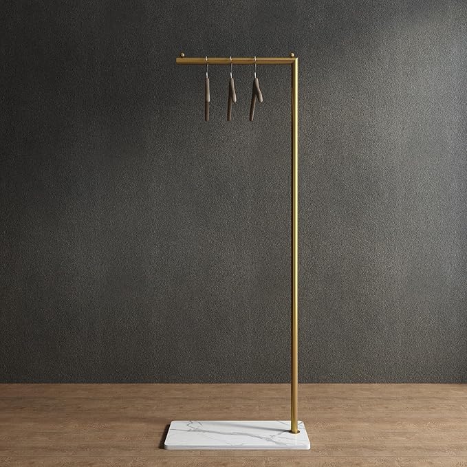 Gold clothing rack with Marble Base,Modern clothes racks for hanging clothes,7-shaped coat rack Freestanding Small garment rack Clothes Hanging Rack for Small Space,Bedroom or cloakrooms