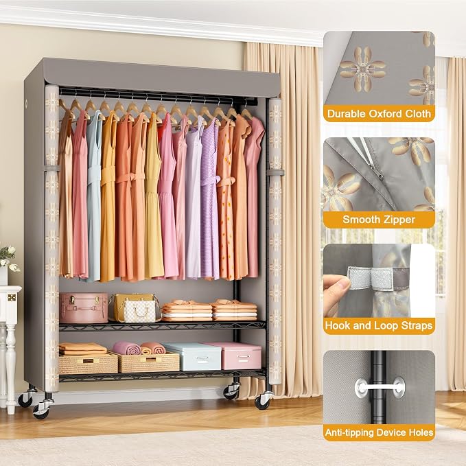 P6C Plus Rolling Clothes Rack with Cover, Covered Clothing Rack | Portable Closets for Hanging Clothes, Heavy Duty Garment Rack on Wheels, Black Closet Rack with Pattern Cover Max Load 375LBS