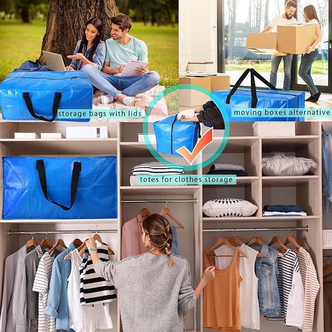 Heavy Duty Extra Large Blue Moving Bags with Strong Zipper Backpack Handles | 2 Pack Clothes Storage Bags Totes Space Saving Moving Boxes Bins Packing Bags for College Dorm Compatible with Ikea Frakta