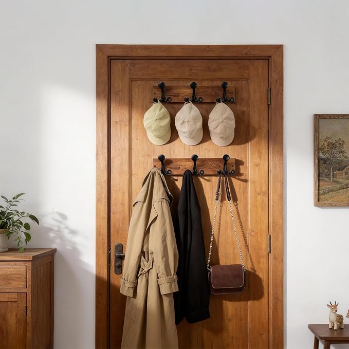 WEBI Coat Rack Wall Mount,17" Solid Wood Coat Hooks Wall Mounted Coat Hanger,16" Hole to Hole,Heavy Duty Hook Rack,3 Triple Hooks for Hanging Coats,Jacket,Hat,Backpack,Farmhouse,Brown