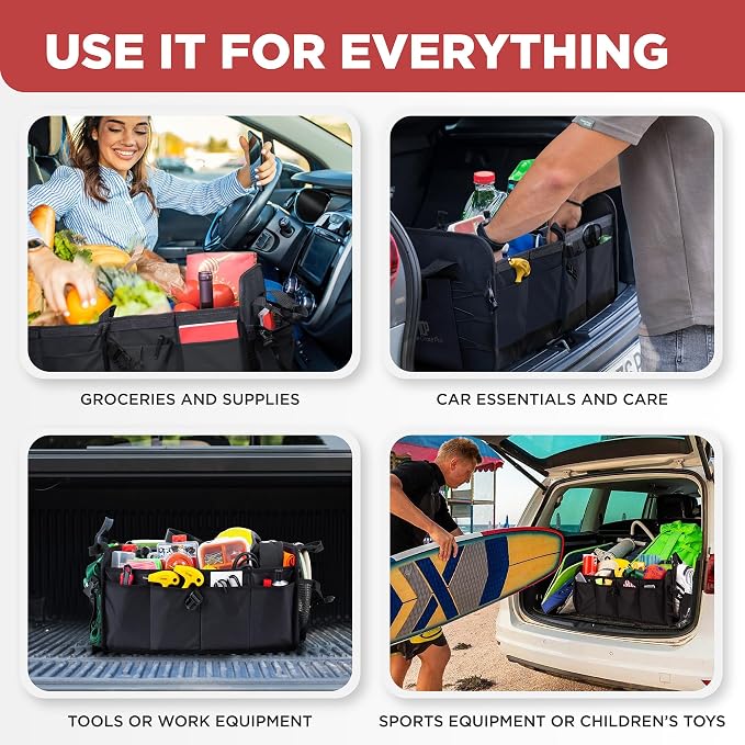 Car & Vehicle Trunk Organizer for SUV, Truck & Auto Storage, Standard Black | Fits Cars, SUVs & Trucks3 Adjustable Compartments Non-Slip Base & Straps Collapsible Heavy-Duty Storage Car Accessories