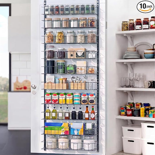 ElegantArray 10-Tier Pantry Door Organizer, Deep Gray | Over The Door Pantry Organizer Rack and Storage, Hanging Spice Rack Shelves Door, Home Office Laundry Room Bathroom & Kitchen