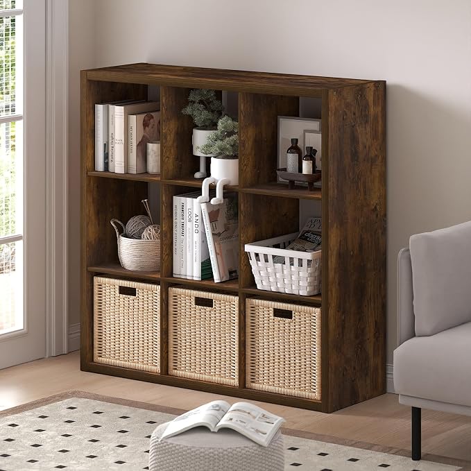 Furinno Cubicle 9-Cube Book Shelf, Extra Thick Frame Bookshelf, Amber Pine | 14.6" x 44" x 44", Reversible Bookcase with Open Back, for Living Room, Bedroom, Home Office