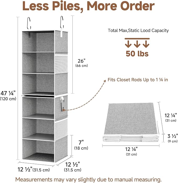 StorageWorks 6-Shelf Closet Organizers, Two 3-Shelf Separable Hanging Shelves for Close, 12 1⁄2" D x 12 1⁄2" W x 47 ¼" H, Canvas, Gray