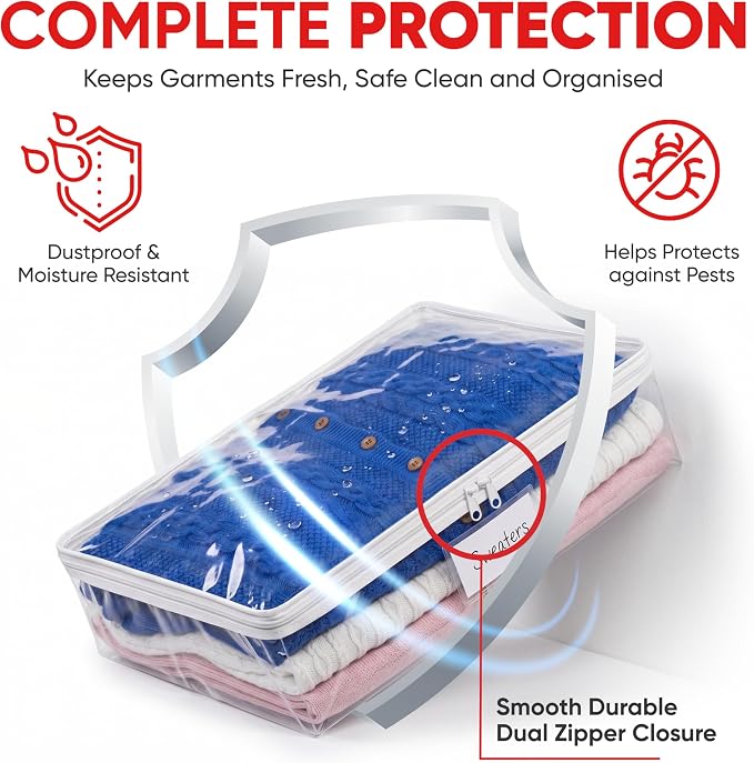 Masirs Clear Sweater Storage Bags 2-Pack – Zippered Vinyl Organizers with Label Pocket, Durable Dustproof Clothing Storage for Sweaters, Blankets, Linens, Underbed & Closet Use