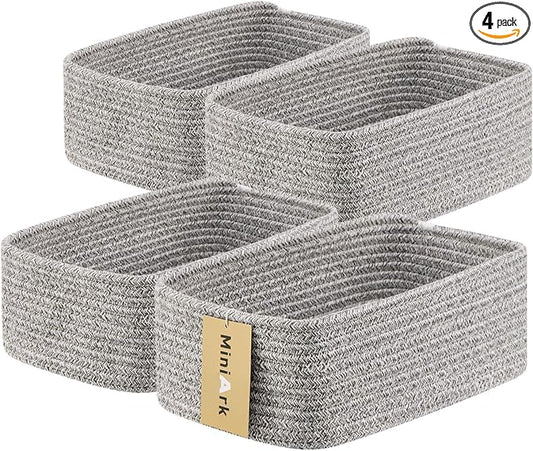 MiniArk Small Storage Baskets for Organizing | Closet Organizer Bins | Shelf Toy Basket | Woven Rope Baskets | Cube Decorative Box | Shallow Basket | 11.5x7.5x4.7” | 4 Packs Mixed Grey