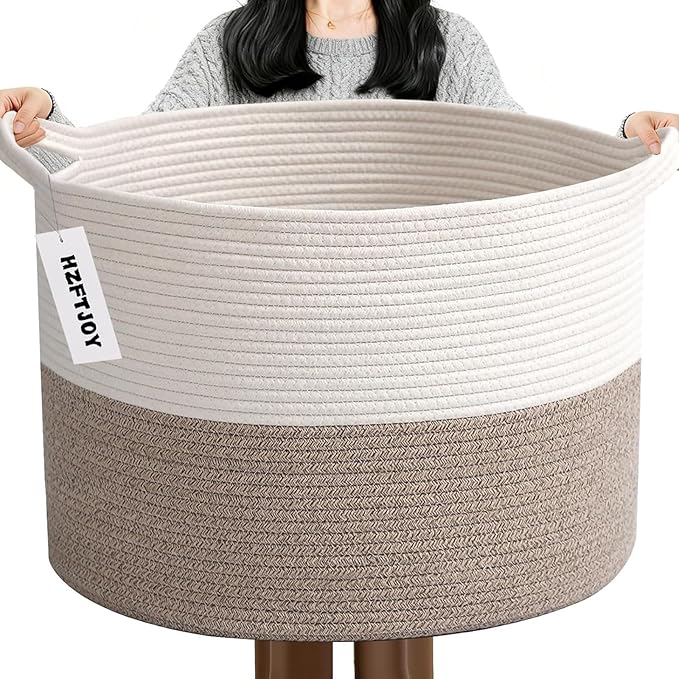 90L Woven Blanket Basket,Extra Large Laundry Basket-White & Brown | Collapsible Nursery Storage Bin with Sturdy Handles, Organizes Clothes, Toys and Pillows for Living Room, Bedroom, Bathroom