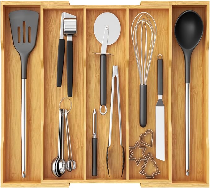 Lifewit Utensil Organizer for Kitchen Drawer, Expandable Cooking Utensil Tray, Cutlery Silverware Flatware Holder, Wood Adjustable Spatula Tools Storage Divider, 12.6-22.8x14/ 32-58x35.6cm, Natural