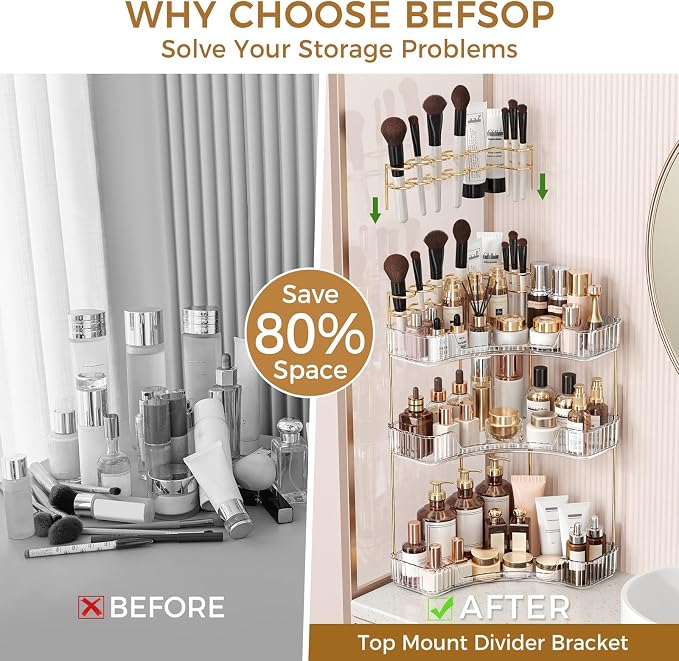 BEFSOP Corner Bathroom Counter Organizer, Upgraded 3-Tier Makeup Organizer Countertop with Makeup Brush Holder, Skincare Exquisite Vanity Organizers Countertop Bathroom Storage Dresser(CLEAR)