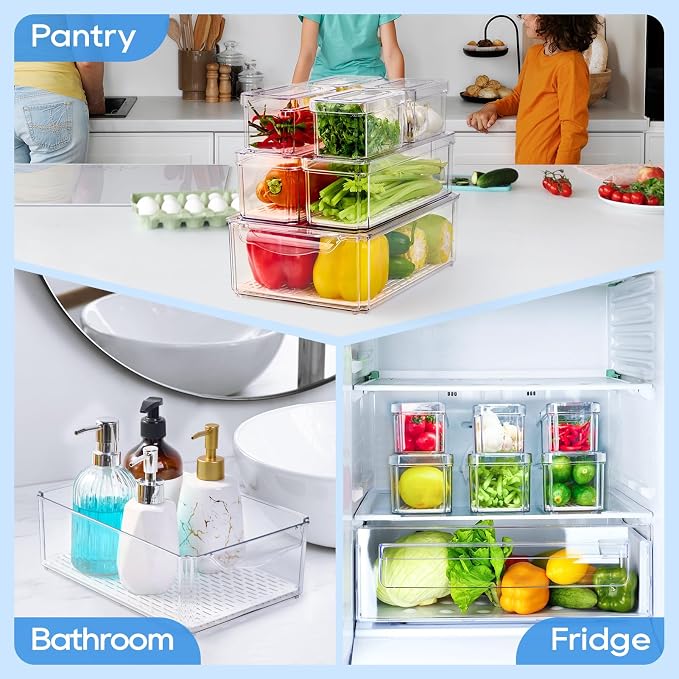 JollyPack Fridge Organizers, Refrigerator Organizer Bins with Lids, 14 Pack | BPA Free, Stackable Fruit Storage Containers, Great for Fridge, Vegetables, Food and Drinks