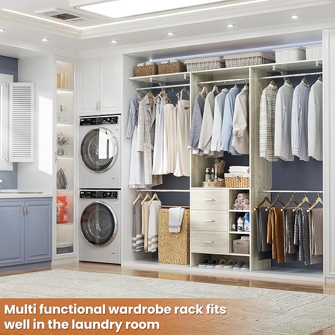 Aheaplus Closet System - 8FT Organizer with 3 Wooden Drawers, Fits 5.3-9 ft Walk-in Closet, White Oak