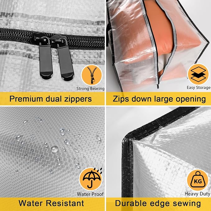 Clear Moving Bags Heavy Duty Extra Large with Strong Zipper Handles | 8 Pack Clothes Storage Bags Totes Space Saving Moving Boxes Bins Packing Bags for College Dorm Compatible with Ikea Frakta