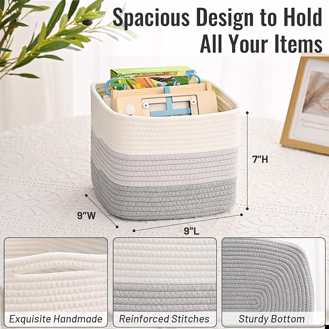 3 Pack Cube Storage Bin, 9”x9”x7” Cotton Rope Woven Baskets for Organizing Toys Clothes Towels, Square Gift Storage Baskets for Shelves, Nursery, Closet, Bathroom, Pantry (Gradient Grey)
