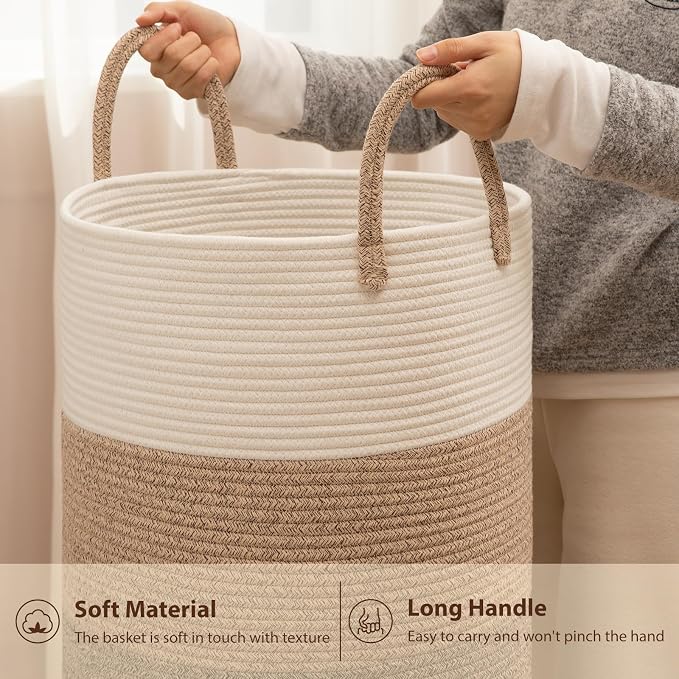 OIAHOMY Large Laundry Basket Hamper - 60L Cotton Rope Woven Basket for Blankets, Toys, Clothes - Tall Decorative Nursery Hamper with Long Handles, Gradient Brown