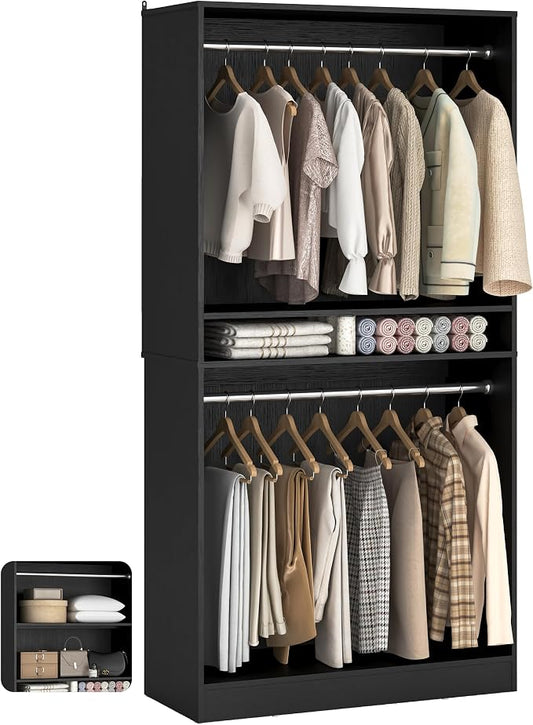 Unikito 3FT Freestanding Closet System with 2 Hanging Rods & Adjustable Shelve, 36'' Wood Closet Organizer System, Clothes Garment Rack, Sturdy Walk-in Closet Tower, Easy Assembly, Hold 800LBS, Black