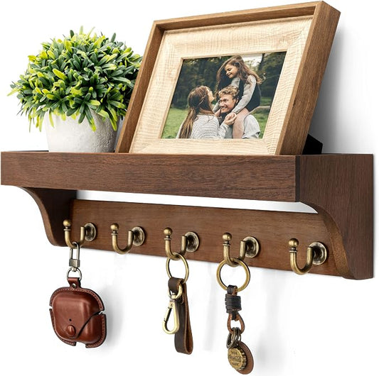 Rebee Vision Key Holder Wall Mount with 5 Hooks for Entryway, Retro Brown | Display Shelf for Plant & Letters, Key Shelf for Hats, Dog Leashes, Mail Organizer, Decorative Entryway & Living Room