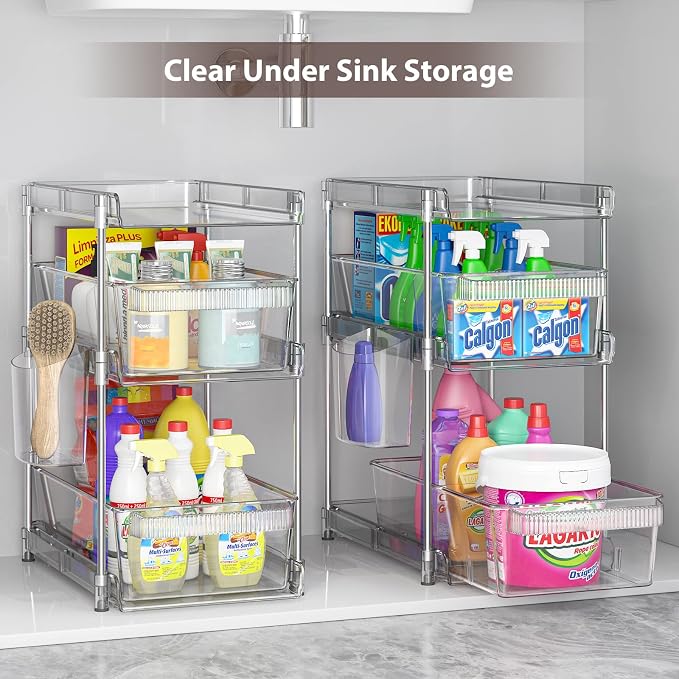 WAKISA 2Pcs Pull Out Organizer and Storage with Cups and Removable Dividers | Slide Out Drawer Storage Containers for Bathroom, Kitchen and Under-Sink Organization with 2 Cups and 6 Removable Dividers
